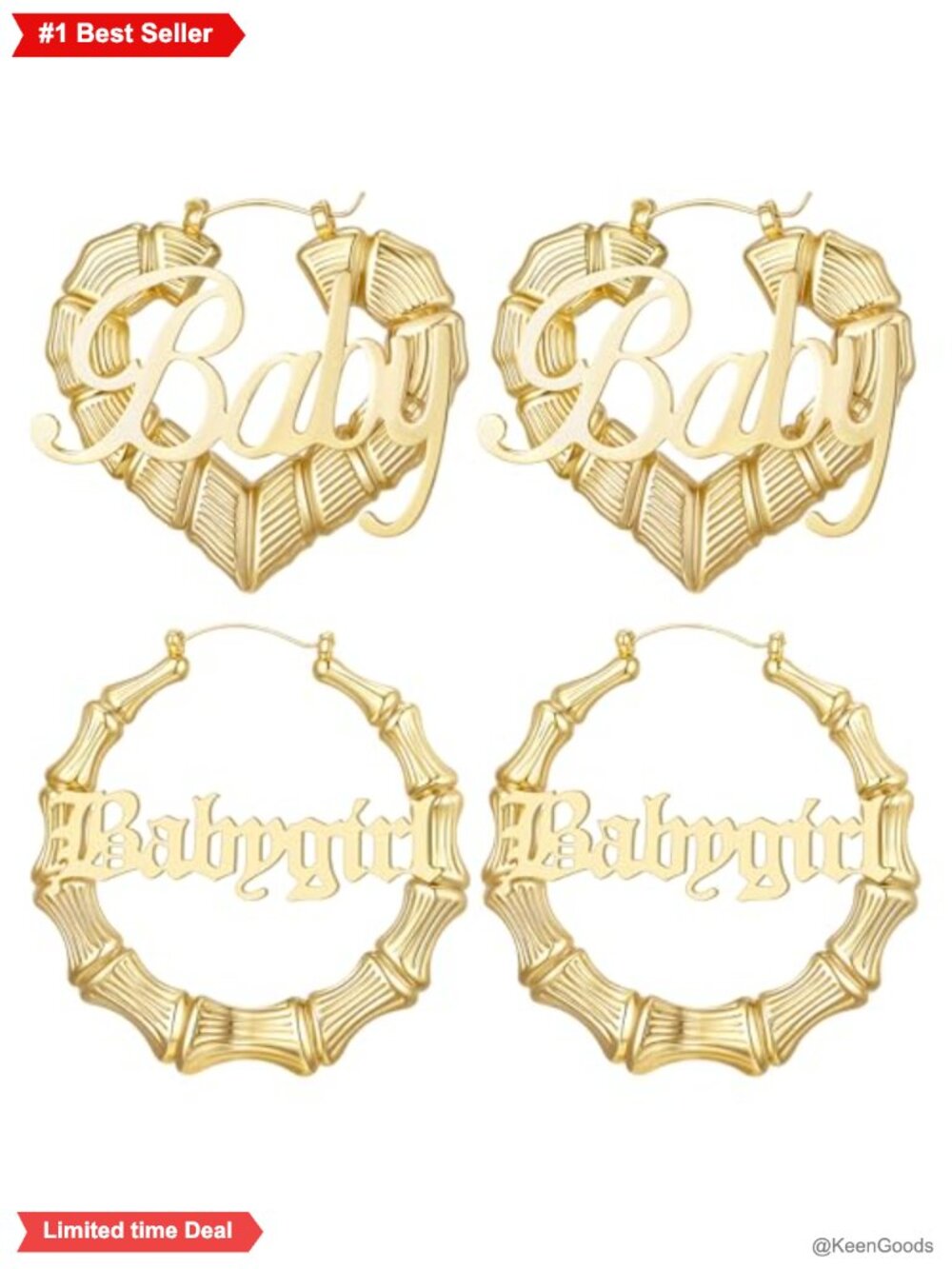 Gold Plated Bamboo Hoop Earrings Large Heart Design 90s Door Knocker